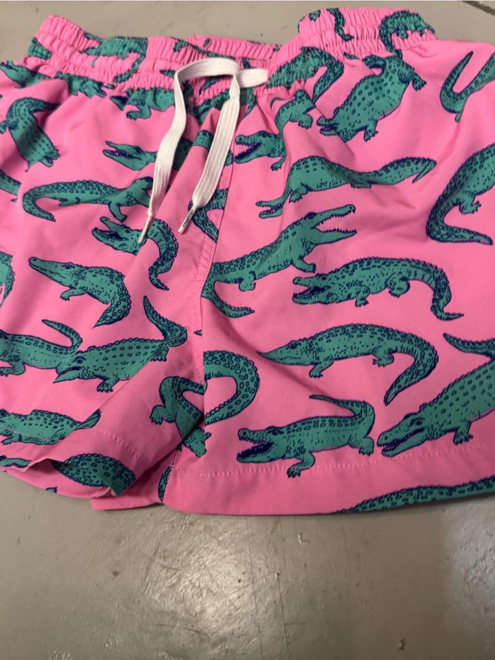 chubbies Pink Swim Trunks with Teal Alligator Motif